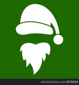 Santa Claus hat and beard icon white isolated on green background. Vector illustration. Santa Claus hat and beard icon green