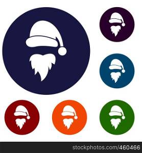 Santa Claus hat and beard icons set in flat circle reb, blue and green color for web. Santa Claus hat and beard icons set