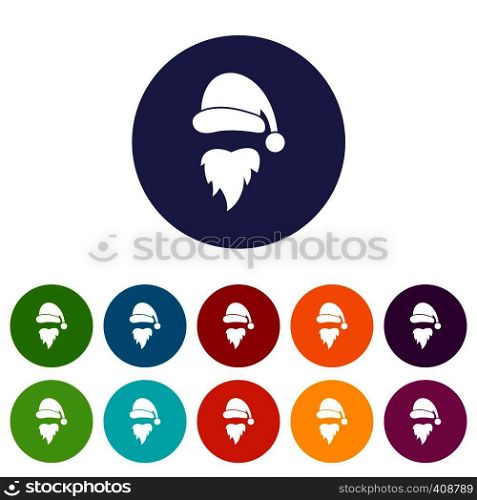 Santa Claus hat and beard set icons in different colors isolated on white background. Santa Claus hat and beard set icons