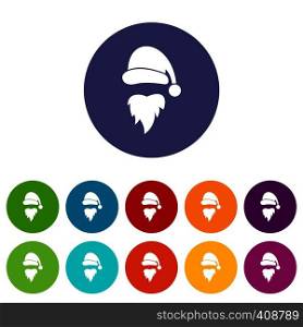 Santa Claus hat and beard set icons in different colors isolated on white background. Santa Claus hat and beard set icons