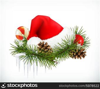 Santa Claus hat, Christmas tree and cones vector