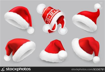 Santa Claus hat. Winter clothes. Christmas 3d realistic vector icon set