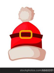 Santa Claus hat with buckle isolated. Winter fur woolen cap with white trim. Father Christmas hat headwear warm clothing. Flat icon winter snowboard accessory in cartoon style vector illustration. Santa Claus Hat with Buckle Isolated on White.