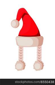Santa Claus hat with two braids isolated on white. Winter fur woolen cap. Father Christmas hat with three pompoms. Flat icon winter holiday accessory for woman in cartoon style vector illustration. Santa Claus Hat with Two Braids Isolated on White.