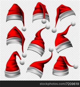 Santa Claus hats. Christmas red hat, xmas furry headdress plush wearing and winter holidays head fur wear decoration, funny clothes traditional costume cartoon 3D vector isolated icons set. Santa Claus hats. Christmas red hat, xmas furry headdress and winter holidays head wear decoration 3D vector set