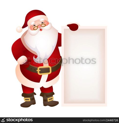 Santa Claus holding blank banner vector illustration. Christmas sale, New Year, party. Holiday concept. Vector illustration can be used for invitation, advertising, poster. Santa Claus holding blank banner vector illustration