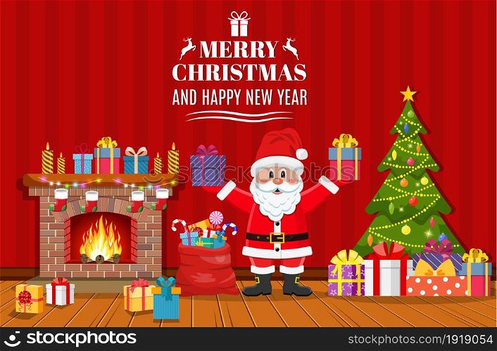 Santa Claus holding gift box and standing near fireplace and Christmas tree. Merry Christmas and Happy New Year greeting card.. Santa Claus holding gift box
