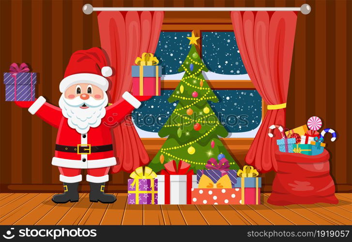 Santa Claus holding gift box and standing near fireplace and Christmas tree. Merry Christmas and Happy New Year greeting card.. Santa Claus holding gift box