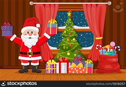 Santa Claus holding gift box and standing near fireplace and Christmas tree. Merry Christmas and Happy New Year greeting card.. Santa Claus holding gift box