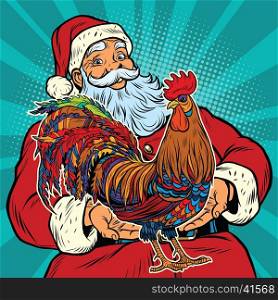 Santa Claus holds in his hands the cock, pop art retro vector. The symbol of the new year