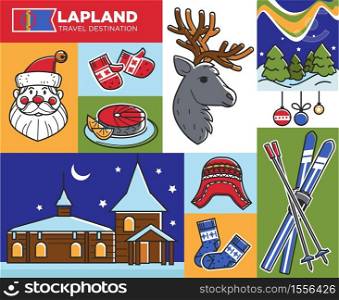 Santa Claus house and winter Lapland travel destination vector mittens and hat skis and deer fir or spruce and salmon dish food, and wooden building Christmas tree toys and sport equipment reindeer. Lapland travel destination Santa Claus house and winter