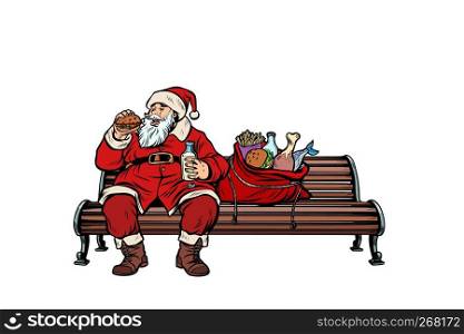 Santa Claus hungry eating on a Park bench. Pop art retro vector illustration kitsch vintage. Santa Claus hungry eating on a Park bench