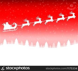 Santa Claus in a sleigh with a reindeer team flies in the Christmas forest on red. Santa Claus in a sleigh with a reindeer team flies in the Christmas forest
