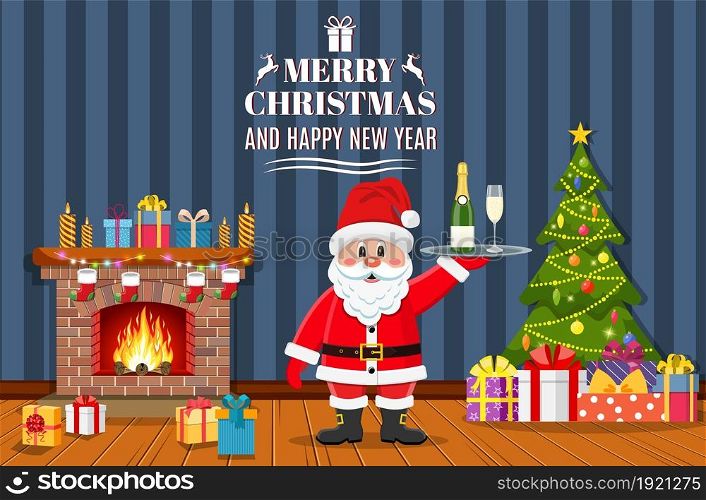 Santa Claus in Christmas room interior with fireplace and gifts. Santa Claus hold a tray with bottle champagne. Holiday decorations. Vector illustration in a flat style .. Santa Claus in Christmas room interior