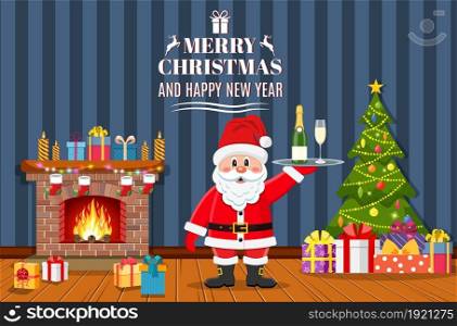 Santa Claus in Christmas room interior with fireplace and gifts. Santa Claus hold a tray with bottle champagne. Holiday decorations. Vector illustration in a flat style .. Santa Claus in Christmas room interior