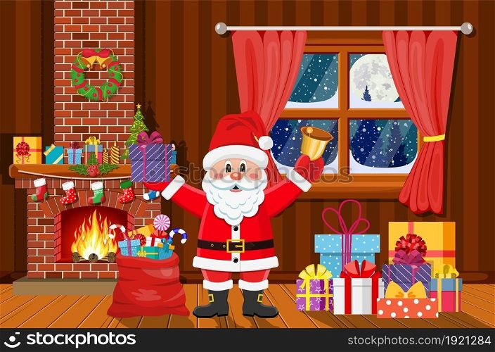 Santa Claus in Christmas room interior with fireplace and gifts. Happy Santa Claus with presents and bell. Holiday decorations. Vector illustration in a flat style .. Santa Claus in Christmas room interior
