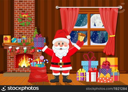 Santa Claus in Christmas room interior with fireplace and gifts. Happy Santa Claus with presents and bell. Holiday decorations. Vector illustration in a flat style .. Santa Claus in Christmas room interior