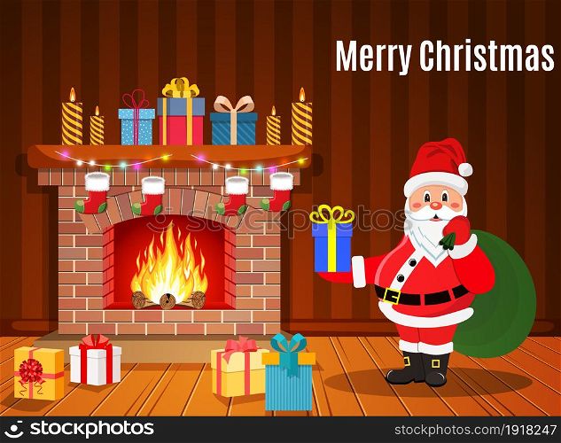 Santa Claus in Christmas room interior with fireplace and gifts. Holiday decorations. Vector illustration in a flat style. Santa Claus in Christmas room interior