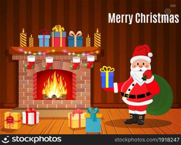 Santa Claus in Christmas room interior with fireplace and gifts. Holiday decorations. Vector illustration in a flat style. Santa Claus in Christmas room interior