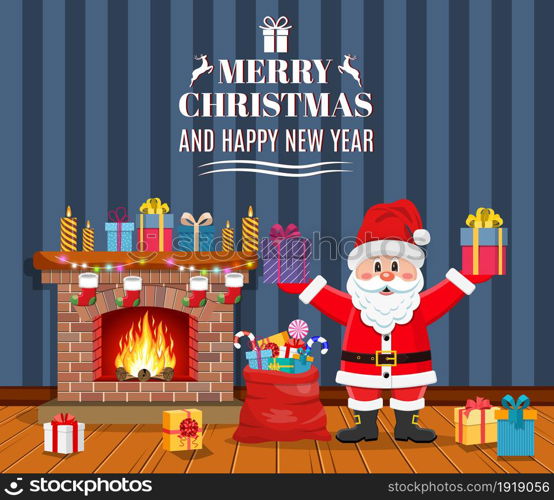 Santa Claus in Christmas room interior with fireplace and gifts. Holiday decorations. Vector illustration in a flat style. Santa Claus in Christmas room interior