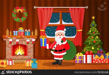 Santa Claus in Christmas room interior with fireplace, tree and gifts. Holiday decorations. Vector illustration in a flat style. Santa Claus in Christmas room interior