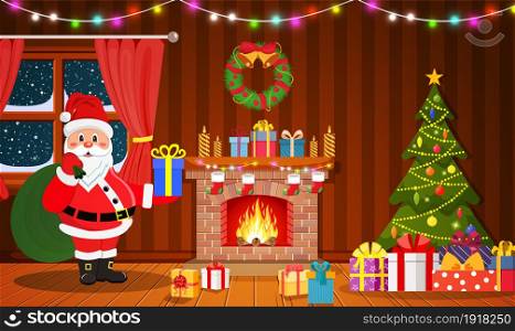Santa Claus in Christmas room interior with fireplace, tree and gifts. Holiday decorations. Vector illustration in a flat style. Santa Claus in Christmas room interior