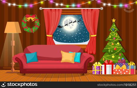 Santa Claus in Christmas room interior with fireplace, tree and gifts. Holiday decorations. Vector illustration in a flat style. Santa Claus in Christmas room interior