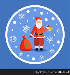 Santa Claus in circle, isolated winter character wearing traditional red costume and hat. Personage with bag and pine tree print. Male with bell decorated with ribbons, snowing weather vector. Santa Claus Winter Character with Bell and Sack