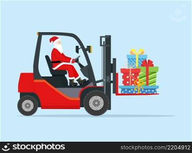 Santa Claus in Empty Red Forklift. Christmas Presents Delivery and Shipping. New Year Decoration. Merry Christmas Holiday. New Year and Xmas. Vector illustration in flat style. Santa Claus in Empty Red Forklift.