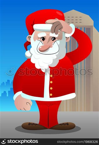 Santa Claus in his red clothes with white beard confused, scratching his head. Vector cartoon character illustration.