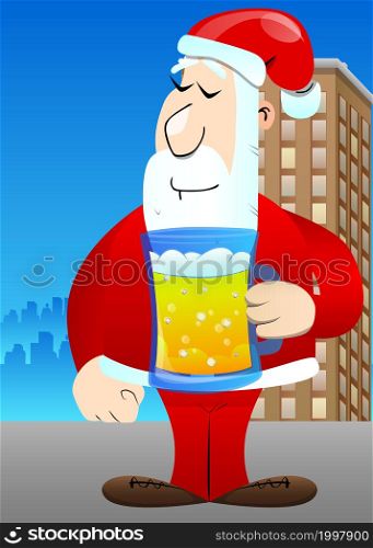 Santa Claus in his red clothes with white beard drinking beer. Vector cartoon character illustration.