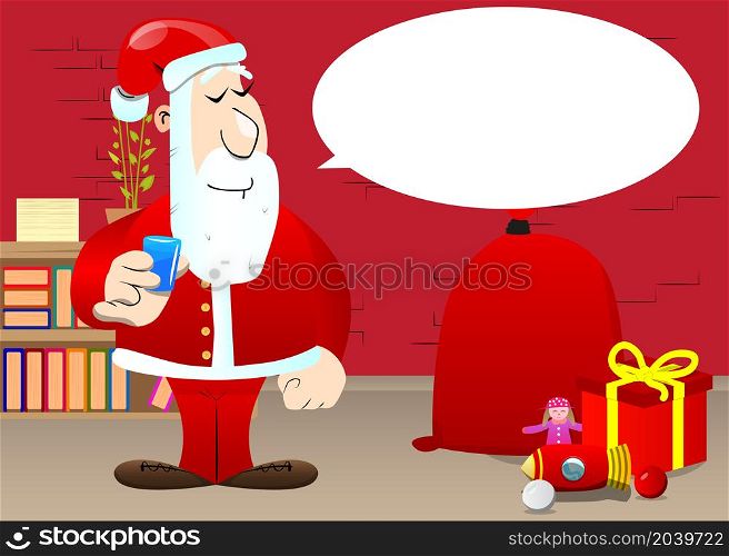 Santa Claus in his red clothes with white beard drinking brandy. Vector cartoon character illustration.