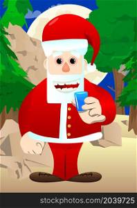 Santa Claus in his red clothes with white beard drinking brandy. Vector cartoon character illustration.