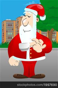 Santa Claus in his red clothes with white beard drinking coffee. Vector cartoon character illustration.