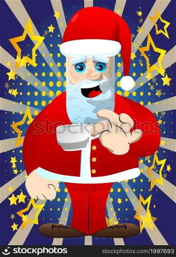 Santa Claus in his red clothes with white beard drinking coffee. Vector cartoon character illustration.