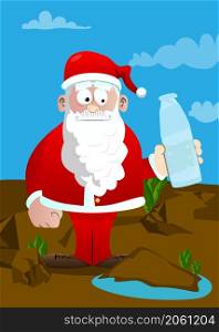 Santa Claus in his red clothes with white beard drinking water from a glass bottle. Vector cartoon character illustration.