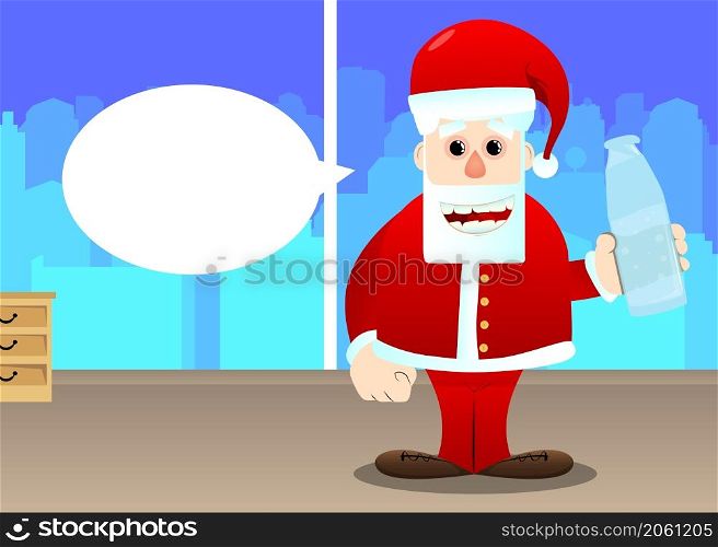 Santa Claus in his red clothes with white beard drinking water from a glass bottle. Vector cartoon character illustration.