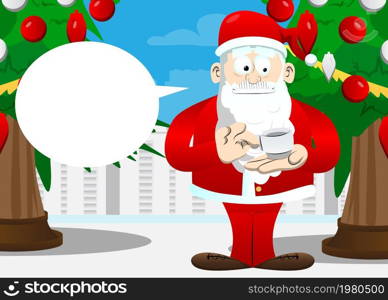 Santa Claus in his red clothes with white beard holding a cup of coffee. Vector cartoon character illustration.