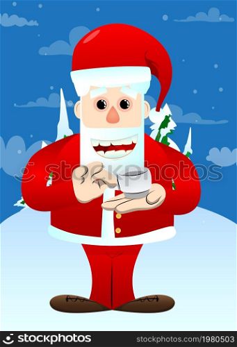 Santa Claus in his red clothes with white beard holding a cup of coffee. Vector cartoon character illustration.
