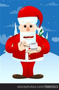 Santa Claus in his red clothes with white beard holding a cup of coffee. Vector cartoon character illustration.