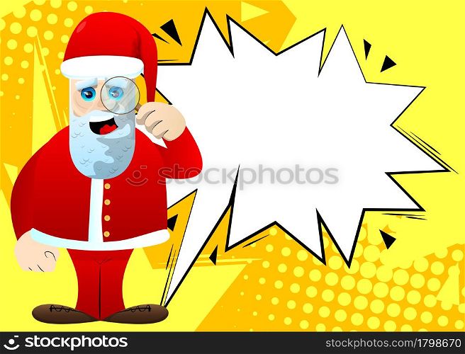 Santa Claus in his red clothes with white beard holding a magnifying glass. Vector cartoon character illustration.