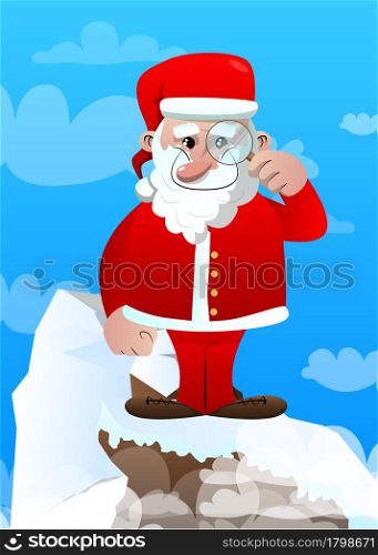 Santa Claus in his red clothes with white beard holding a magnifying glass. Vector cartoon character illustration.
