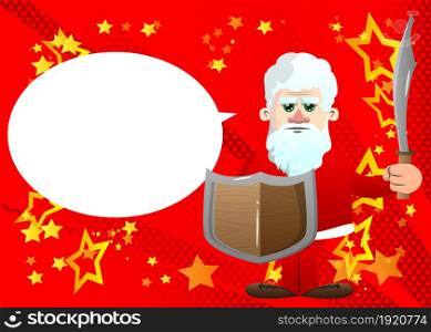 Santa Claus in his red clothes with white beard holding a sword and shield. Vector cartoon character illustration.