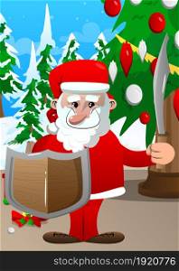 Santa Claus in his red clothes with white beard holding a sword and shield. Vector cartoon character illustration.