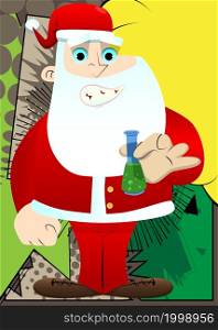 Santa Claus in his red clothes with white beard holding a test tube. Vector cartoon character illustration.