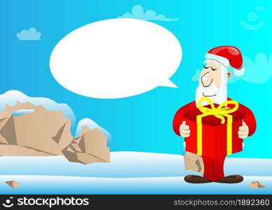 Santa Claus in his red clothes with white beard holding big gift box. Vector cartoon character illustration.