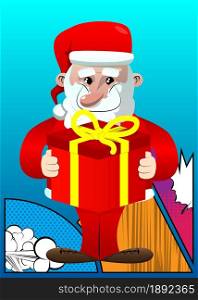 Santa Claus in his red clothes with white beard holding big gift box. Vector cartoon character illustration.