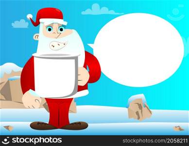 Santa Claus in his red clothes with white beard holding big mug. Vector cartoon character illustration.