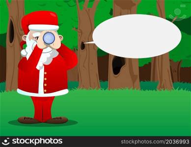 Santa Claus in his red clothes with white beard holding binoculars in his hands. Vector cartoon character illustration.