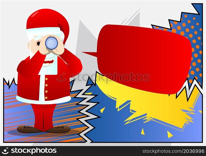Santa Claus in his red clothes with white beard holding binoculars in his hands. Vector cartoon character illustration.